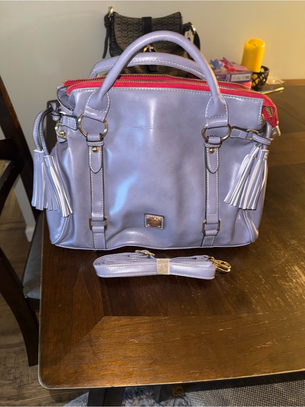 Lavender Satchel with Pink Zip and Tassel Accents